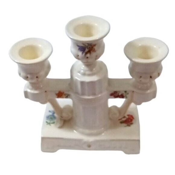 Vintage Czechoslovak Porcelain White 3 Arm Candle Holder Flower Decor Gold Trim - Picture 2 of 8